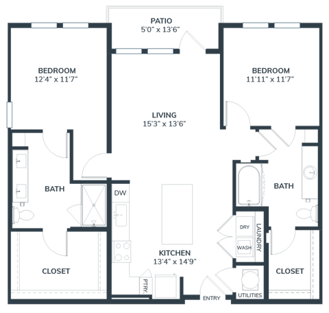 Floor plan for 2 beds, 2 baths, 1150 sqft